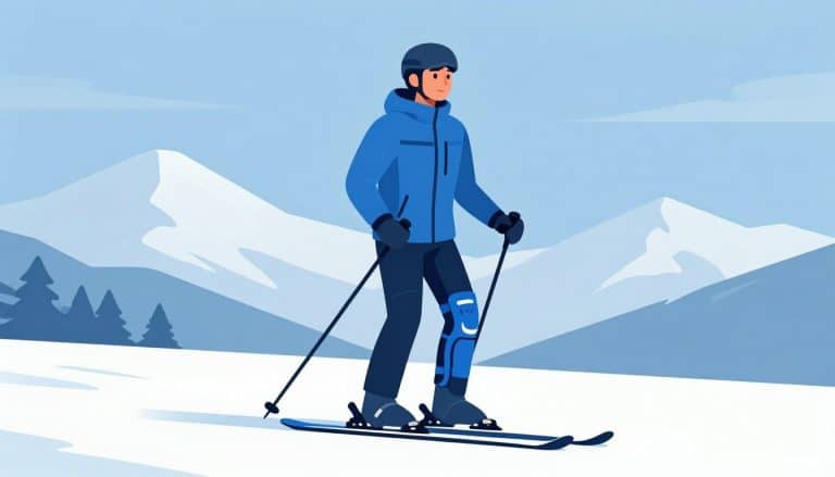 Une skieuse équipée d’une genouillère bleue descend une pente enneigée.