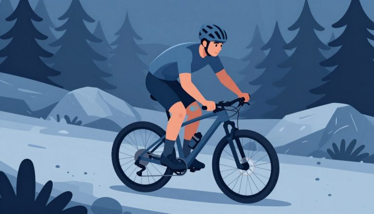 Un vététiste penché sur son guidon roule sur un sentier forestier, le bas du dos mis en évidence.