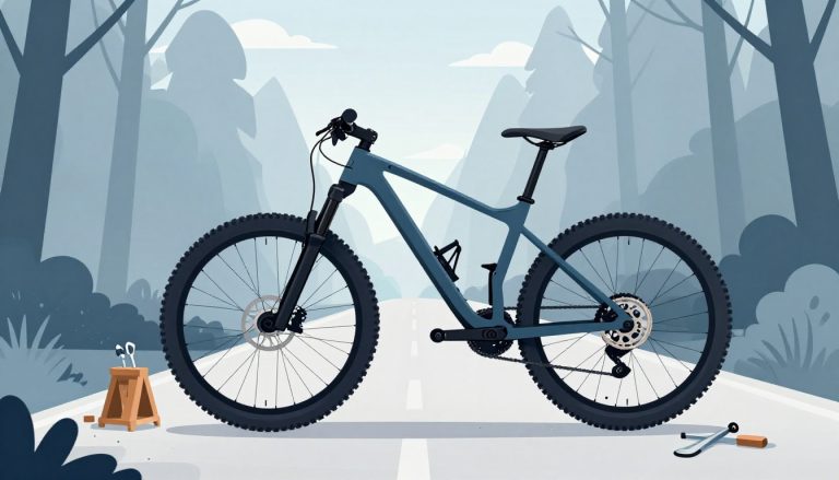 Un VTT transformé avec des pneus lisses sur un établi, face à une route gravillonnée.
