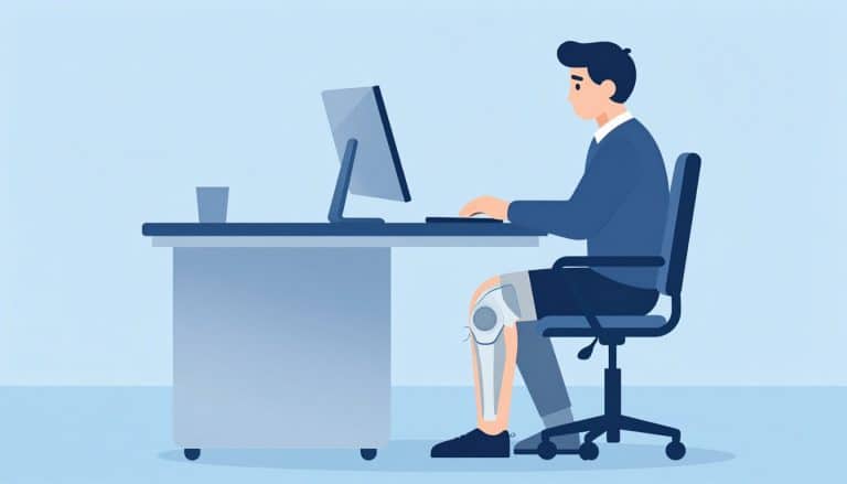 Une personne au bureau porte une genouillère, avec un schéma du ménisque sur le genou droit.