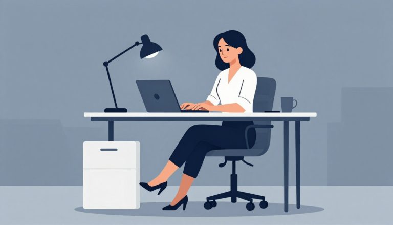 Une femme travaille sur un ordinateur avec une genouillère et un repose-pieds.
