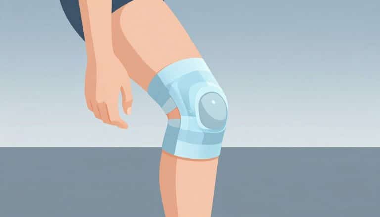 Genou gonflé entouré de glace et d’une bande, avec la jambe posée sur un coussin.