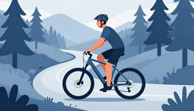 Un homme casqué sur un vélo électrique, au milieu d’un sentier forestier.