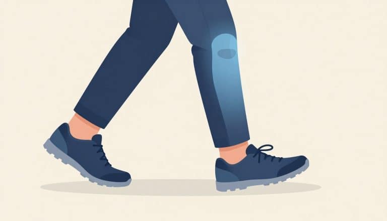 Une personne marche, avec une zone bleue indiquant une douleur derrière le genou droit.