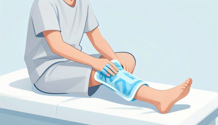 Un homme garde son genou gonflé surélevé avec une poche de glace.