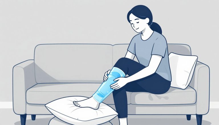 Une femme maintient son genou gonflé sur un coussin avec une poche froide.