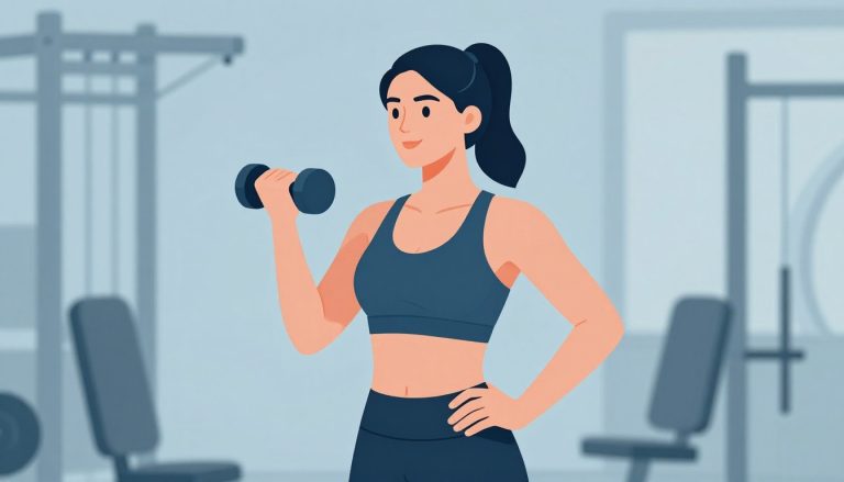 Une femme soulève de petits haltères dans une salle de sport aux tons bleu et gris.