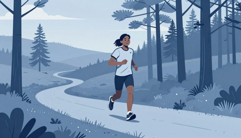 Un coureur souriant avance sur un sentier forestier baigné de lumière bleutée.