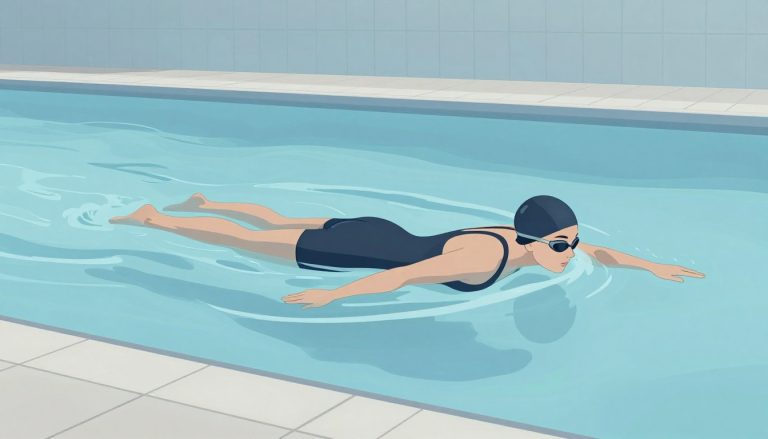 Une femme nage le crawl dans une piscine intérieure.