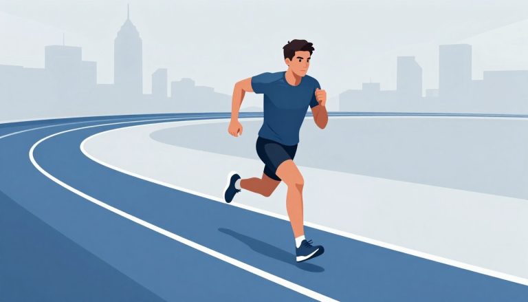 Un coureur avance sur une piste composée de voies bleue et grise.