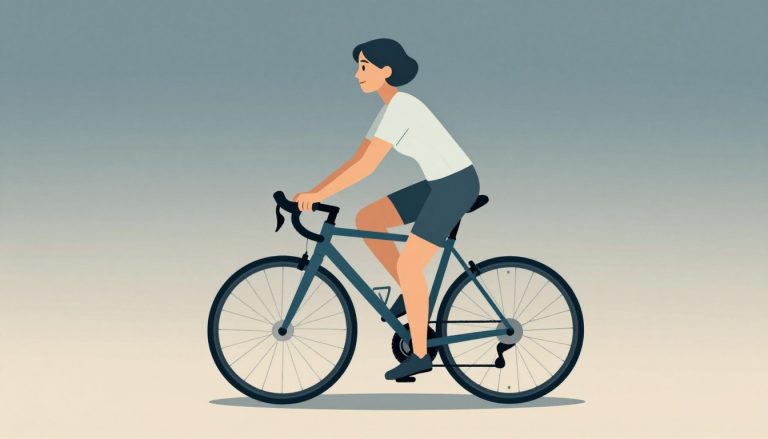 Une femme souriante pédale sur un vélo droit, le genou légèrement fléchi.