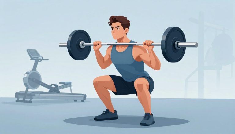 Un homme fait un squat avec une barre dans une salle de sport moderne.