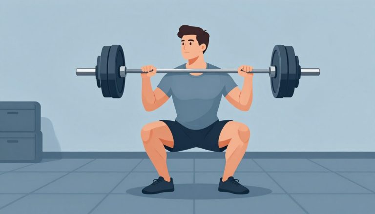 Un athlète réalise un squat avec une barre, les muscles des jambes fortement sollicités.