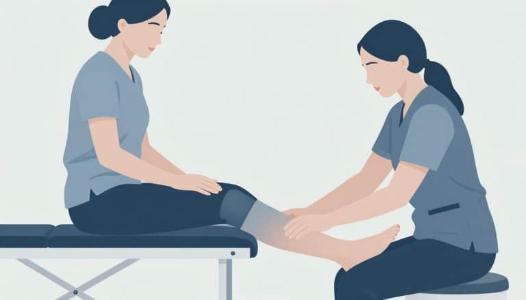 Une kinésithérapeute soutient le genou légèrement gonflé d’une patiente assise.
