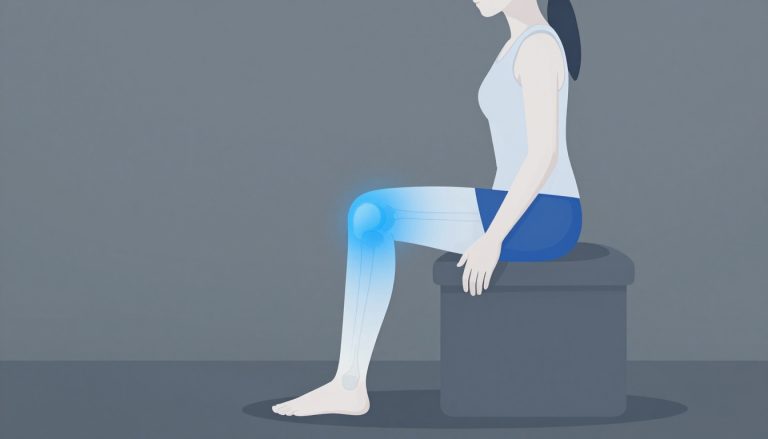 Une femme soulève sa jambe droite, avec un genou gonflé signalé en bleu.