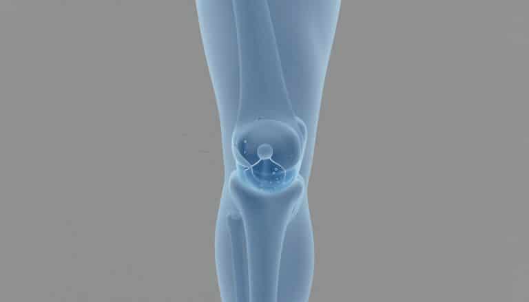 Un genou en profil montre son cartilage et des bulles dans le liquide synovial.
