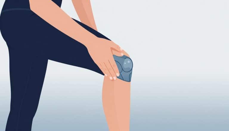 Une femme observe son genou légèrement fléchi, souligné par un contour bleu.
