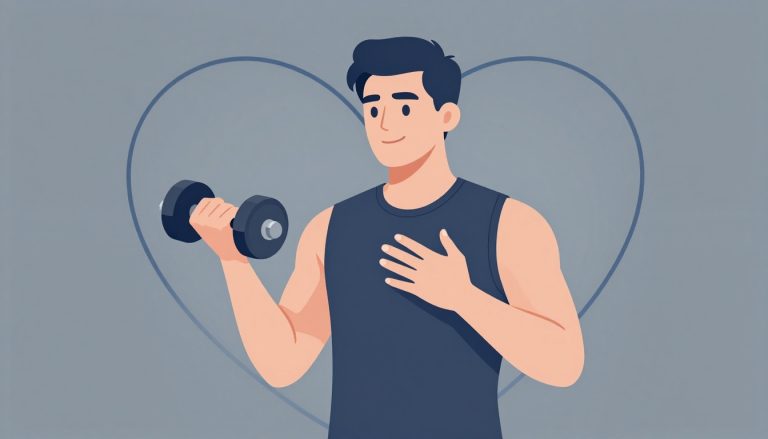 Un homme musclé tient un haltère devant un cœur bleu stylisé.