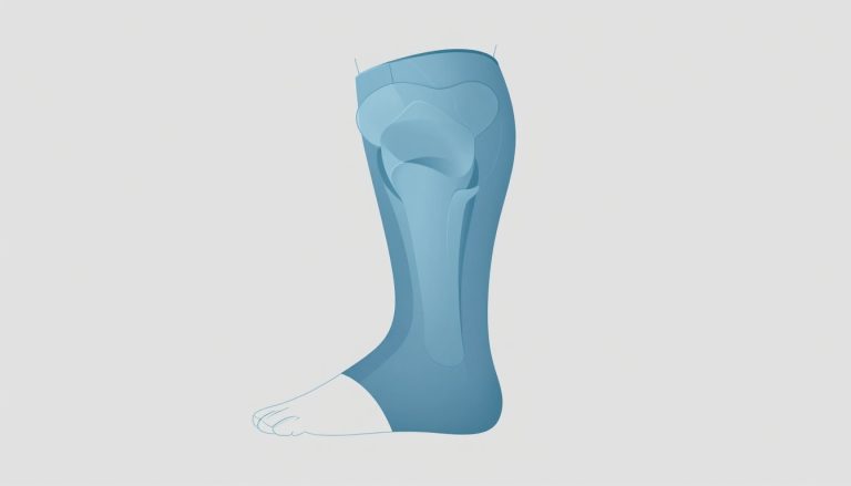 Genou légèrement fléchi avec gonflement bleu, poche de glace et jambe surélevée.