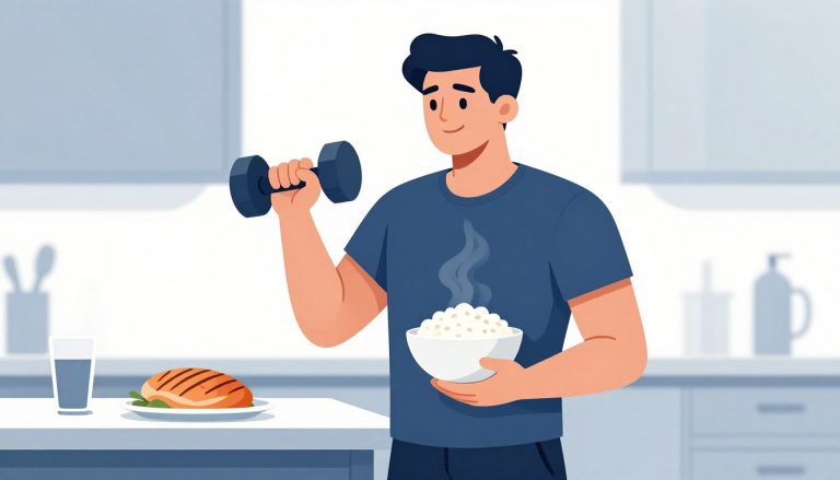 Un homme musclé tient un bol de riz et un haltère dans une cuisine lumineuse.