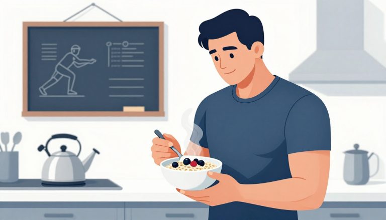 Un homme musclé tient un bol d’avoine aux fruits rouges dans une cuisine.