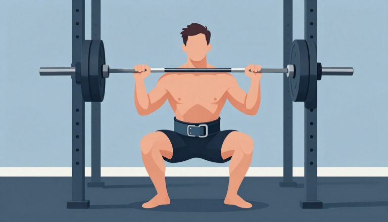 Une athlète fait un squat avec une ceinture noire sous une barre chargée.