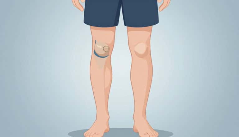 Illustration d’un genou avec un petit fragment bleu coincé dans l’articulation.