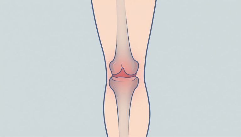 Genou humain légèrement fléchi, avec un gonflement et une rougeur autour de l’articulation.