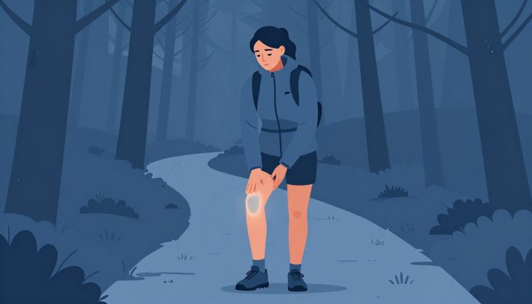 Une randonneuse tient son genou droit douloureux sur un sentier bordé de pins.