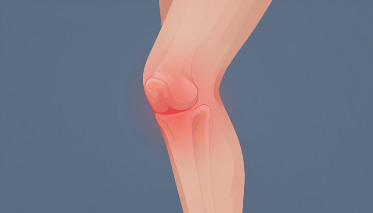 Illustration d’un genou légèrement fléchi, gonflé et rouge sur fond bleu.