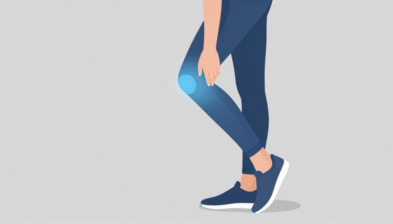 Femme de profil avec un halo bleu autour du genou droit légèrement fléchi.