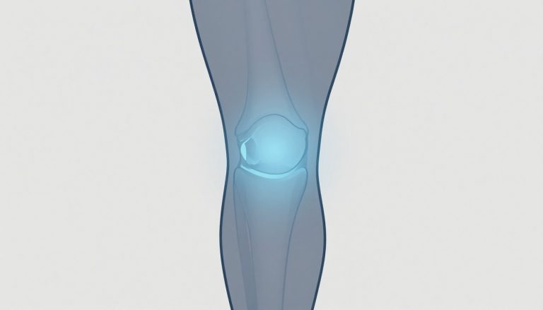 Un genou humain légèrement fléchi présente un gonflement bleu autour de l’articulation.