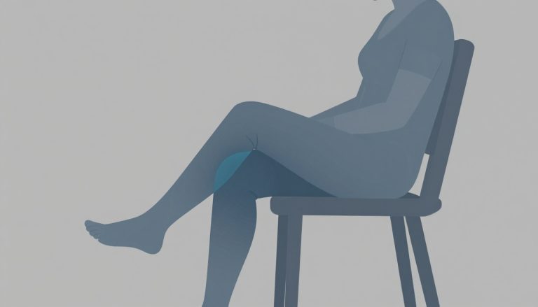 Une personne assise présente un genou gauche légèrement gonflé, coloré en bleu doux.