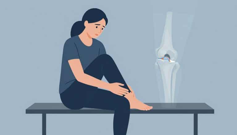 Une femme tient son genou droit, tandis qu’un ménisque déchiré apparaît dans une illustration anatomique.