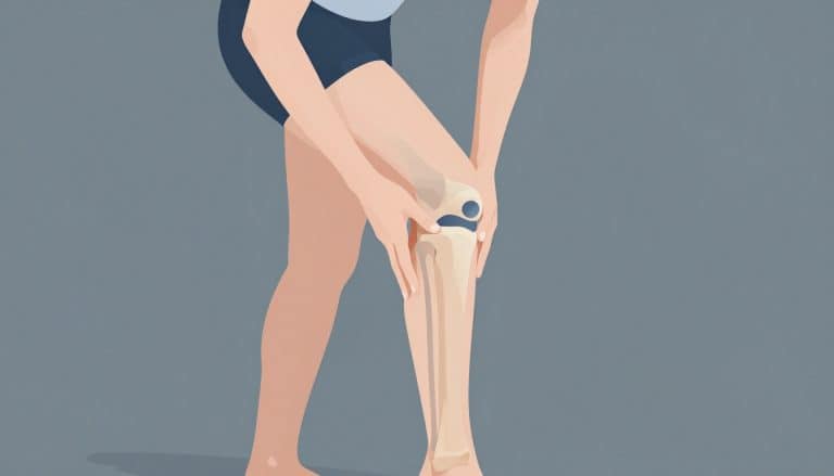 Une femme tient son genou fléchi, avec une vue anatomique bleutée de l’articulation.