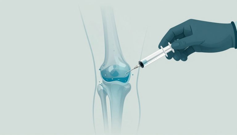 Une seringue injecte du liquide bleu dans l’articulation du genou.