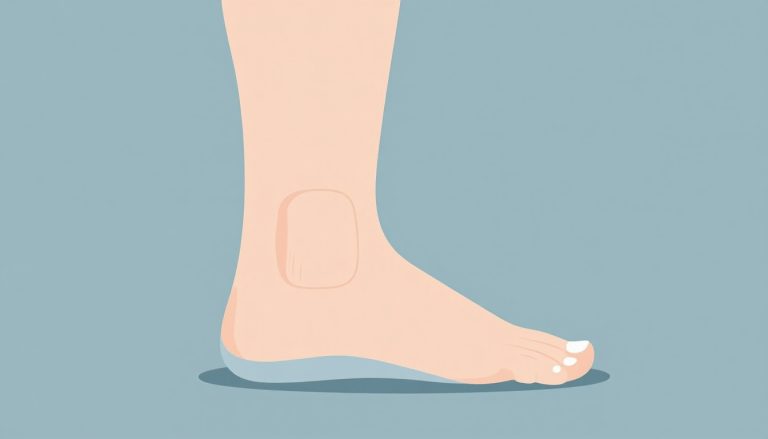 Une jambe fléchie avec un genou droit gonflé, sur fond pastel bleu.