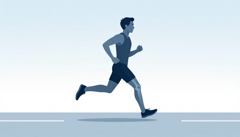 Coureur vu de profil avec la bandelette ilio-tibiale bleue près du genou gauche.