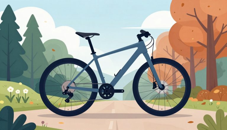 Un VTT bleu ardoise au centre d’un sentier entre paysages printanier et automnal.
