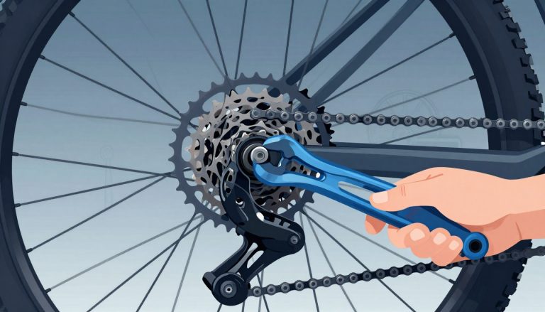 Une cassette de VTT usée, tenue par un outil de démontage près de la chaîne.