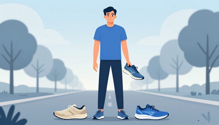 Un coureur compare une chaussure usée et une chaussure neuve sur un sentier.