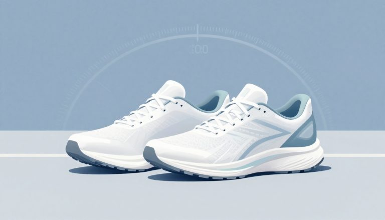 Deux chaussures de running, l’une neuve et l’autre usée, sur une piste grise.