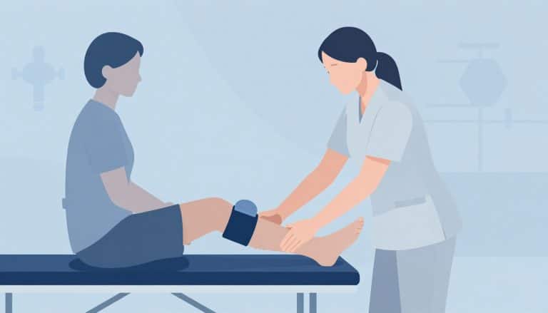 Une kinésithérapeute accompagne l’extension du genou droit d’une patiente.