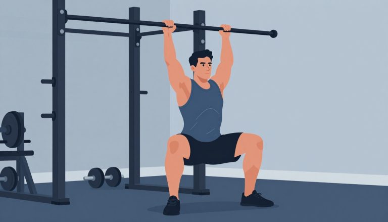 Une athlète réalise des relevés de jambes à une barre fixe dans une salle de musculation sombre.