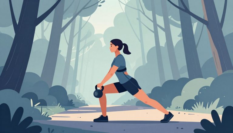 Une coureuse fait un squat sur une jambe avec un kettlebell en forêt.