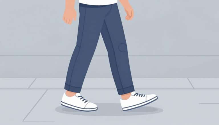 Une personne marche sur un trottoir, avec l’accent visuel sur son genou droit.
