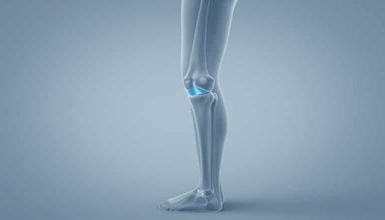 Genou légèrement fléchi, avec la zone située derrière l’articulation mise en évidence en bleu.