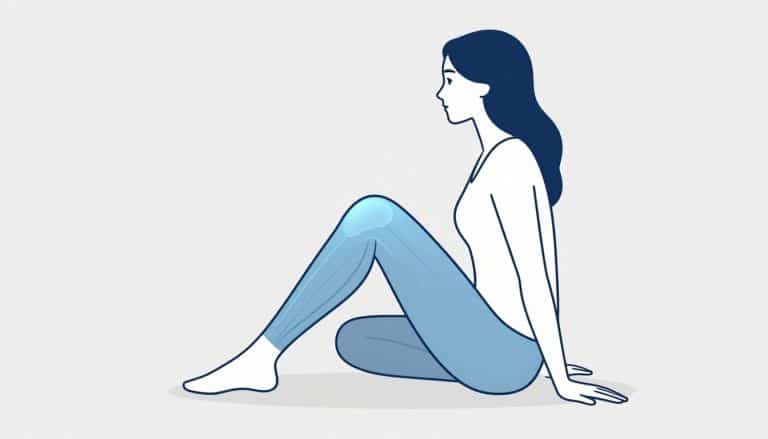 Femme assise, jambe gauche pliée, avec l’arrière du genou mis en évidence.