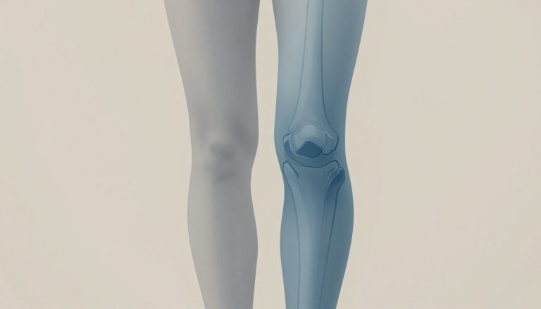 Un genou gauche fléchi avec un gonflement bleu autour de l’articulation.