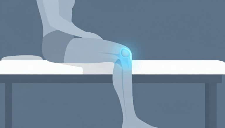 Personne assise, jambe tendue, avec une zone bleutée derrière le genou.